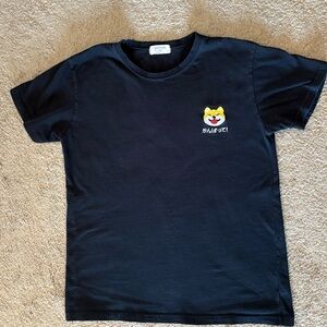 Black T-Shirt with Hachiko Shiba Inu Embroidered Dog Japanese Ganbatte Kids L